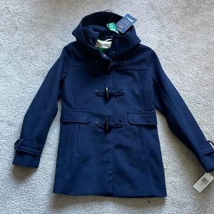 New Pendleton Roslyn hooded navy blue wool pea coat with toggles, size XS